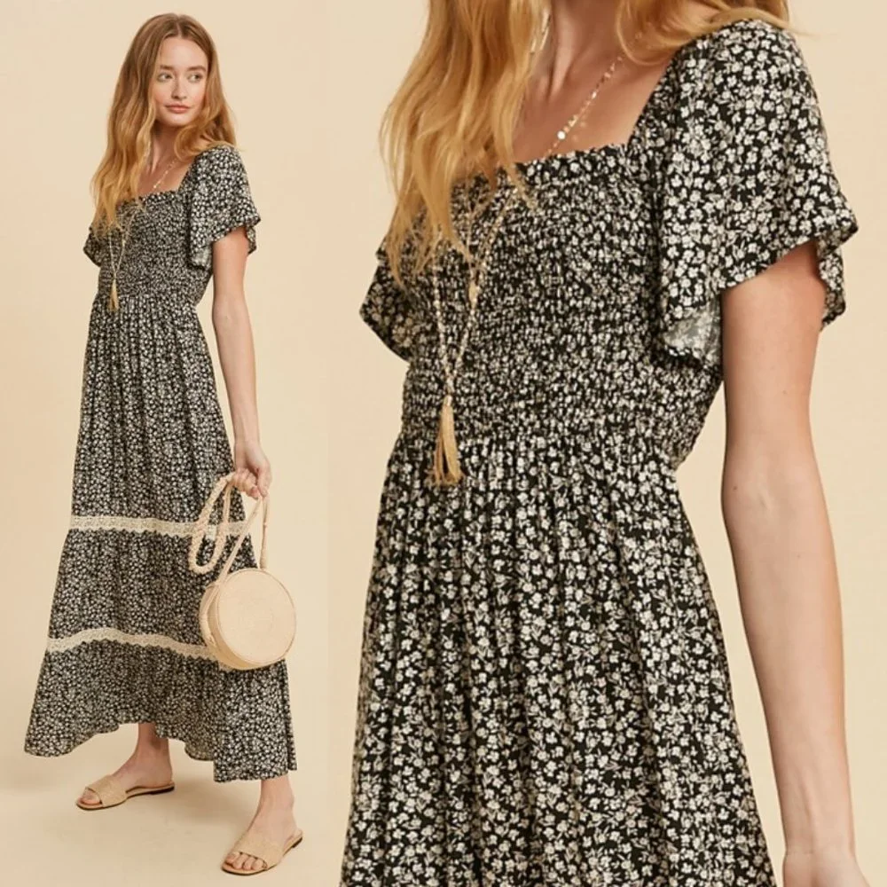 NEW Black Ditsy Floral Smock Square Neck Bodice Lace Trim Skirt Boho Maxi Dress - Picture 5 of 11